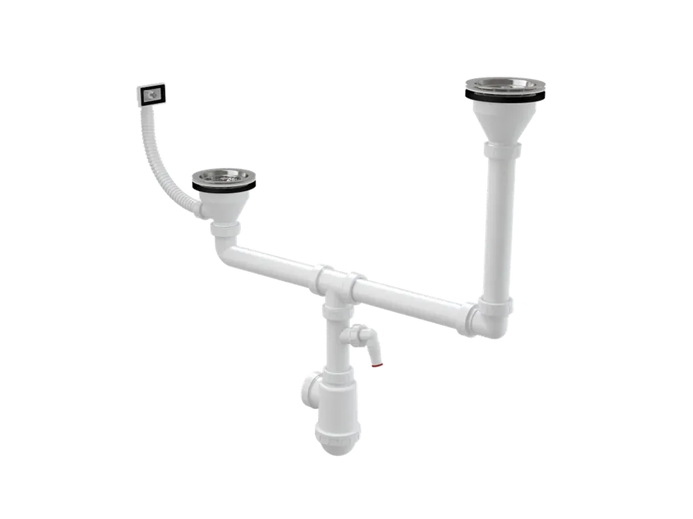 Cenová Bomba Sifon pro dvoudřez DN 40/50 dvouúrovňový s přípojkou Ø 17–23 mm, nerezovými mřížkami Ø 115 mm a flexi přepadem A456P