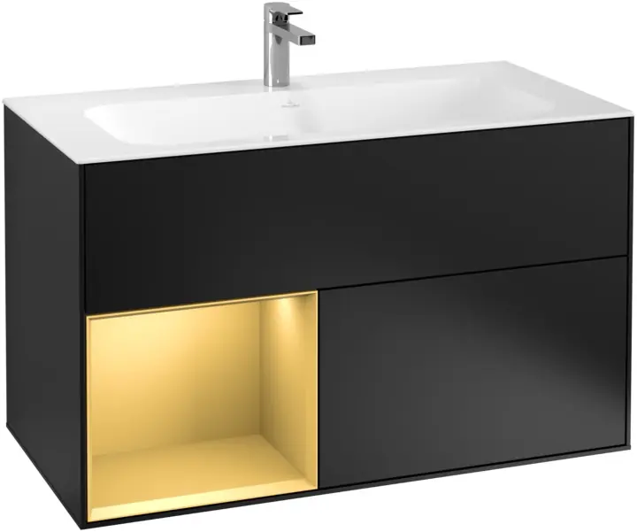 Novinka VILLEROY & BOCH FINION skříňka pod umyvadlo 99,6x49,8x59,1 cm, 3 zásuvky, 1 police, Push-open, s osvětlením, Black Matt Lacquer/Gold Matt