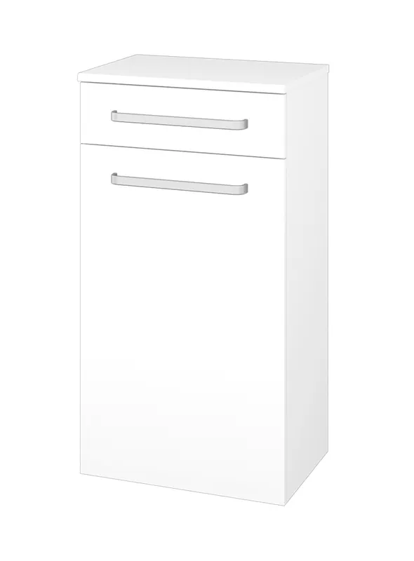 Jen Po Omezenou Doba DŘEVOJAS DOS SNDKZ 50 nízká skříňka 50,5x36x93,8 cm, 1 zásuvka, 1 dvířka, s košem, úchytka hliník mat, lesklá bílá/bílá vysoký lesk