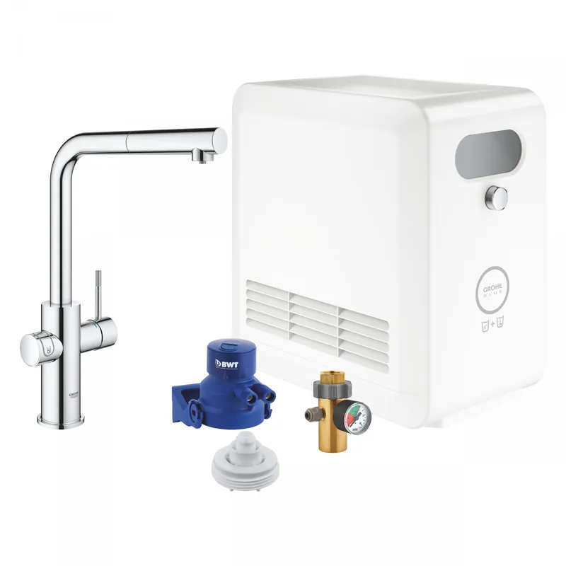 Aktuální GROHE BLUE PROFESSIONAL dřezové elektronická baterie, s vytahovací koncovkou, s filtračním a chladícím zařízením, Bluetooth, napájení ze sítě, chrom