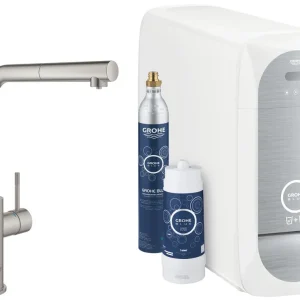 Akční Cena GROHE BLUE HOME dřezová elektronická baterie, s vytahovací koncovkou, s filtračním a chladícím zařízením, Bluetooth, napájení ze sítě, supersteel