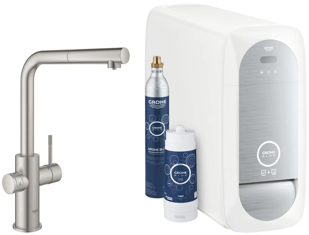 Akční Cena GROHE BLUE HOME dřezová elektronická baterie, s vytahovací koncovkou, s filtračním a chladícím zařízením, Bluetooth, napájení ze sítě, supersteel