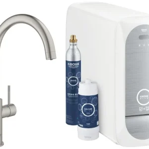Aktuální GROHE BLUE HOME dřezová elektronická baterie, s filtračním a chladícím zařízením, Bluetooth, napájení ze sítě, supersteel