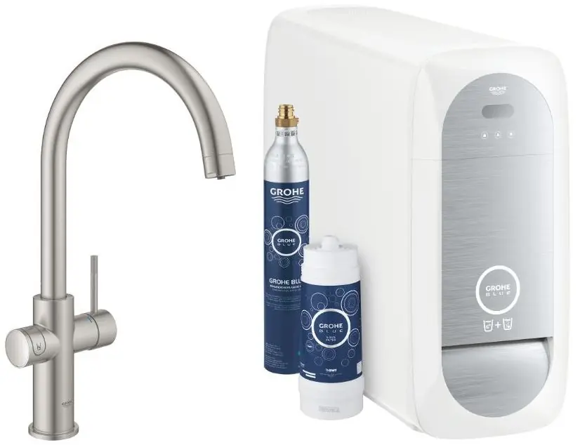 Aktuální GROHE BLUE HOME dřezová elektronická baterie, s filtračním a chladícím zařízením, Bluetooth, napájení ze sítě, supersteel