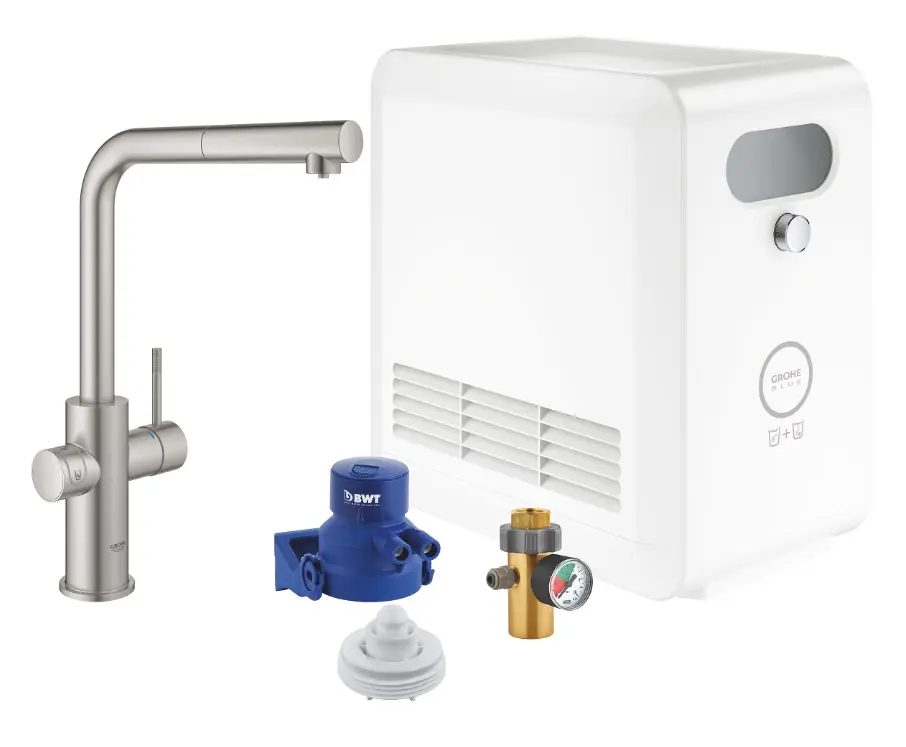 Značkový GROHE BLUE PROFESSIONAL dřezové elektronická baterie, s vytahovací koncovkou, s filtračním a chladícím zařízením, Bluetooth, napájení ze sítě, supersteel