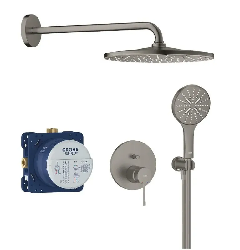 GROHE ESSENCE NEW sprchový set s podomítkovou baterií, horní sprcha, ruční sprcha se 3 proudy, hadice, držák, kartáčovaný hard graphite Hit Sezóny