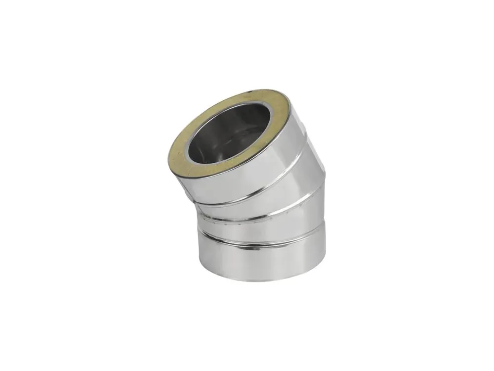 Cenově Výhodný Tříplášťové (třívrstvé) nerezové izolované komínové koleno 30° - průměr 140/200 mm, tloušťka stěny roury 0,6 mm, kouřovod