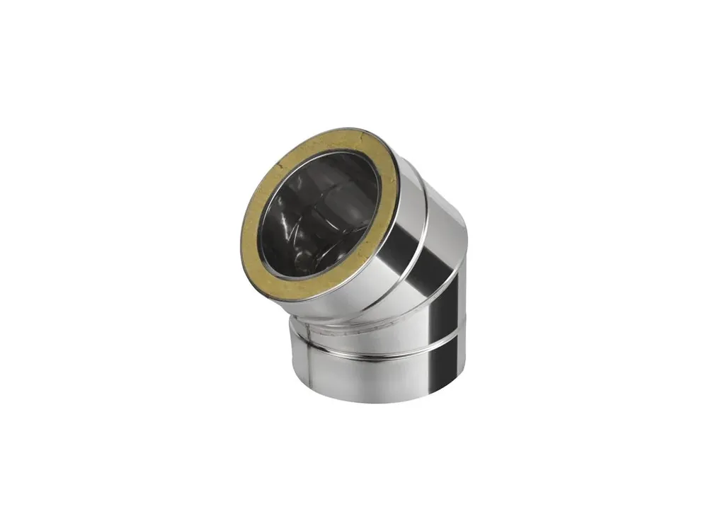 Tříplášťové (třívrstvé) nerezové izolované komínové koleno 45° - průměr 140/200 mm, tloušťka stěny roury 0,6 mm, kouřovod Víkendová Akce