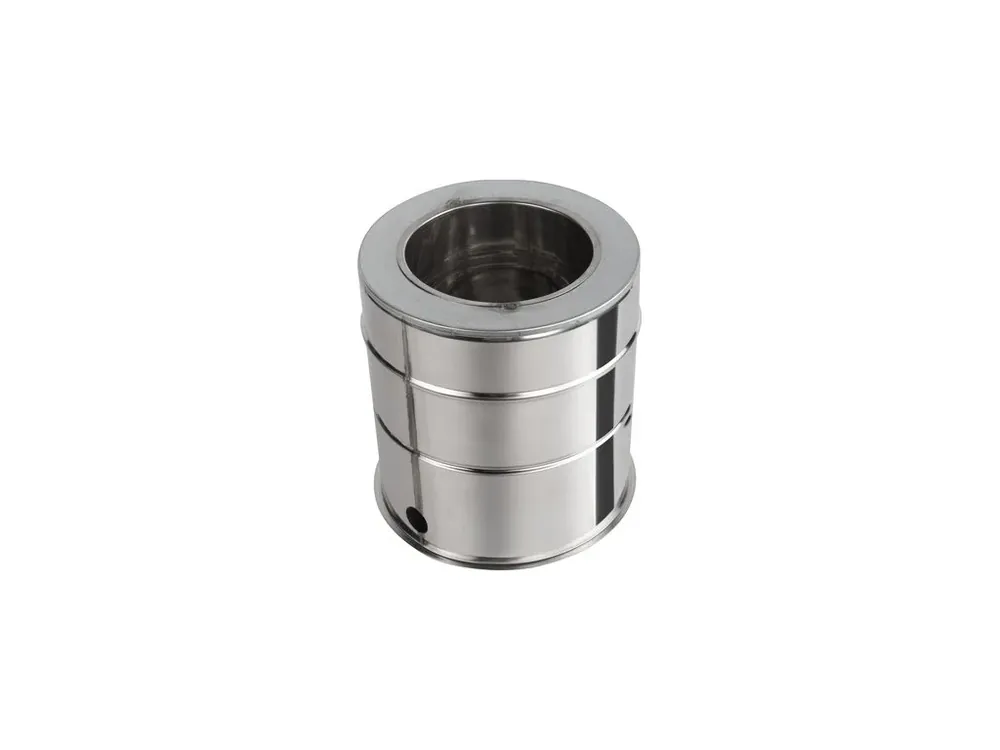 Ověřený Tříplášťová (třívrstvá) nerezová izolovaná miska pro odvod (boční) kondenzátu se základnou - průměr 200/260 mm, tloušťka stěny roury 0,6 mm, kouřovod